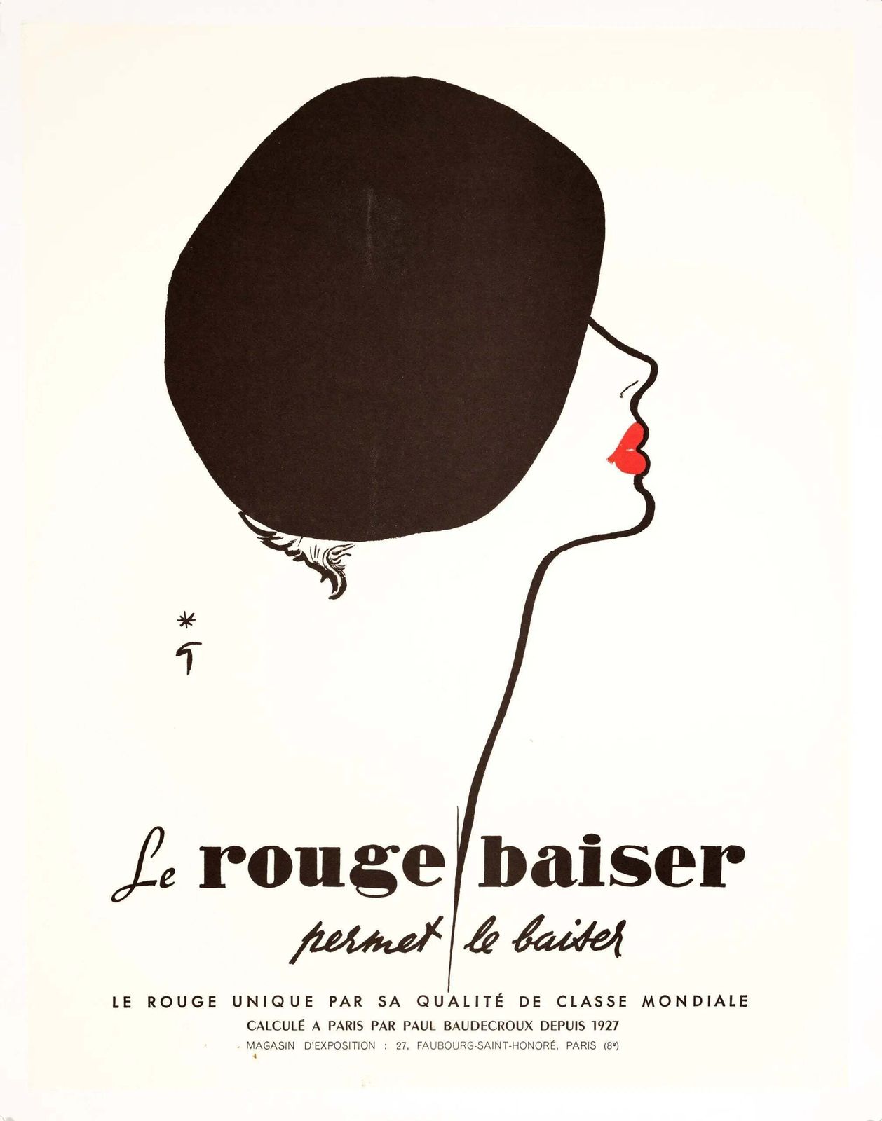 Affiche de mode vintage années 1970 René Gruau Le Rouge Baiser sur lin