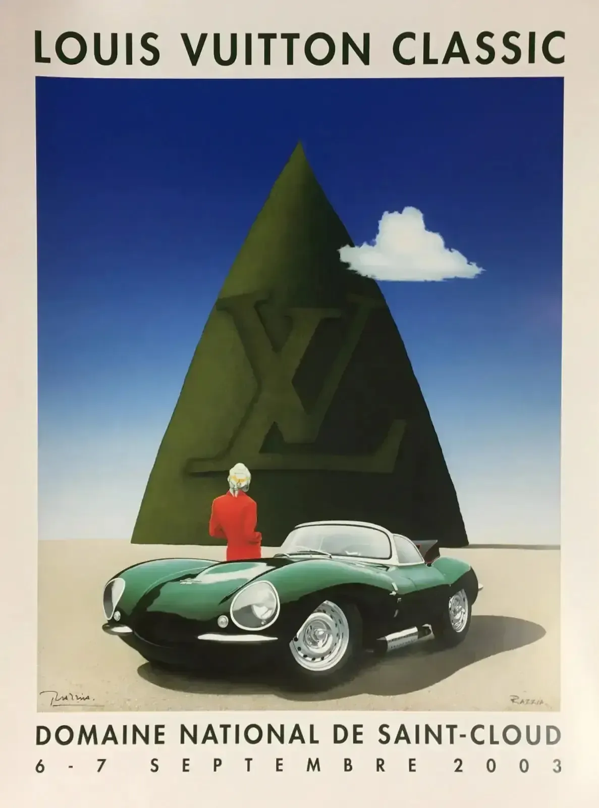Affiche sérigraphiée Razzia Louis Vuitton Classic 2003, Jaguar XKSS, signée à la main