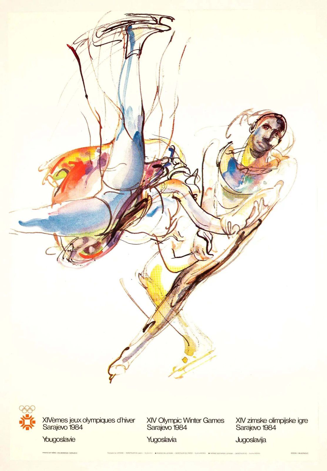 Affiche originale des Jeux olympiques d'hiver de Sarajevo 1984, patinage artistique, par Mujezinović