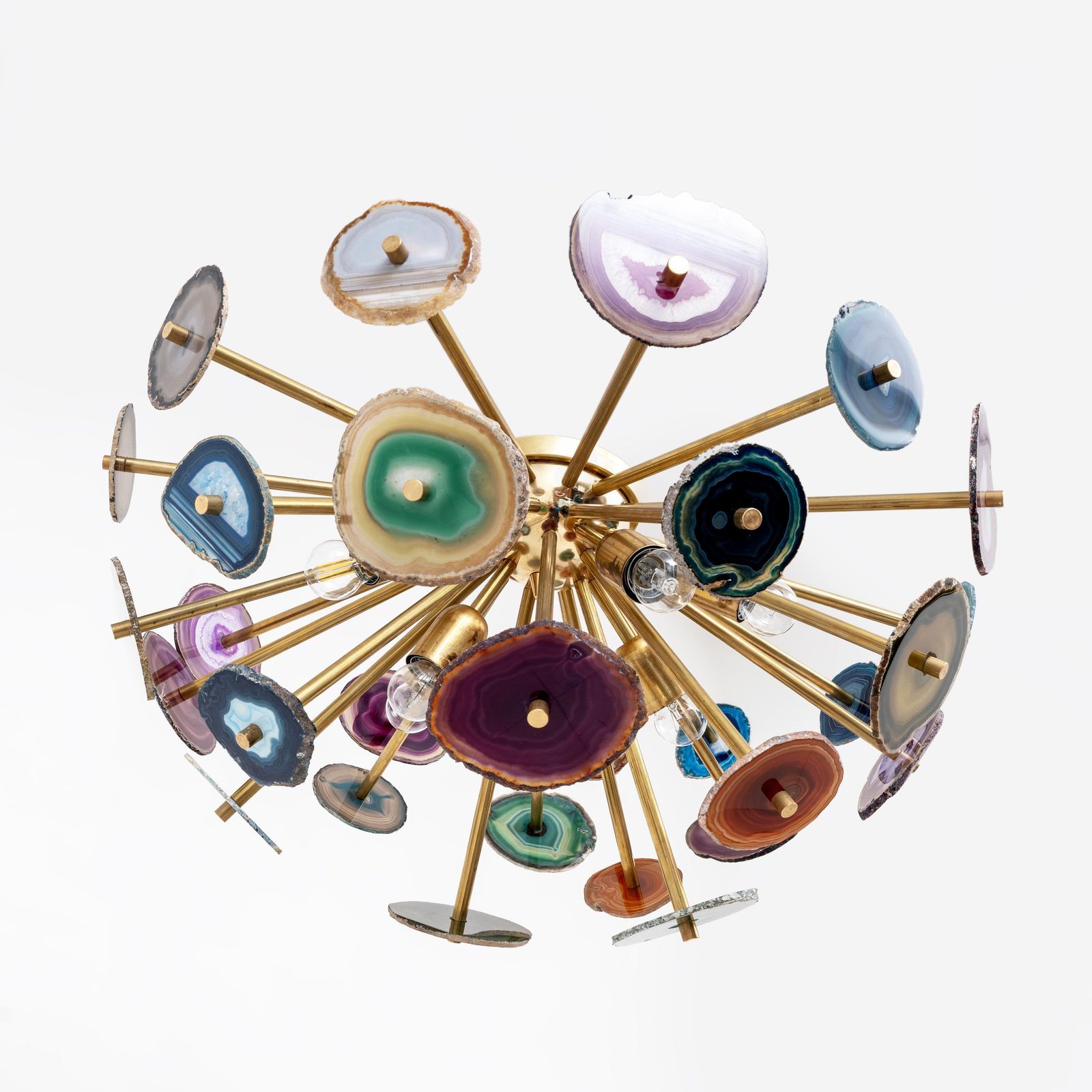 Italian Designed "Sputnik" Ceiling Lamp With Agate Stone Sections And Brass photo buy