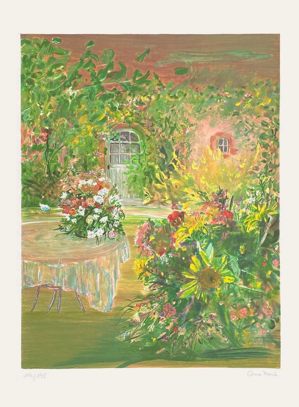 Anne Marie De La Caffinière Signed Lithograph Jardin Fleuri 1990