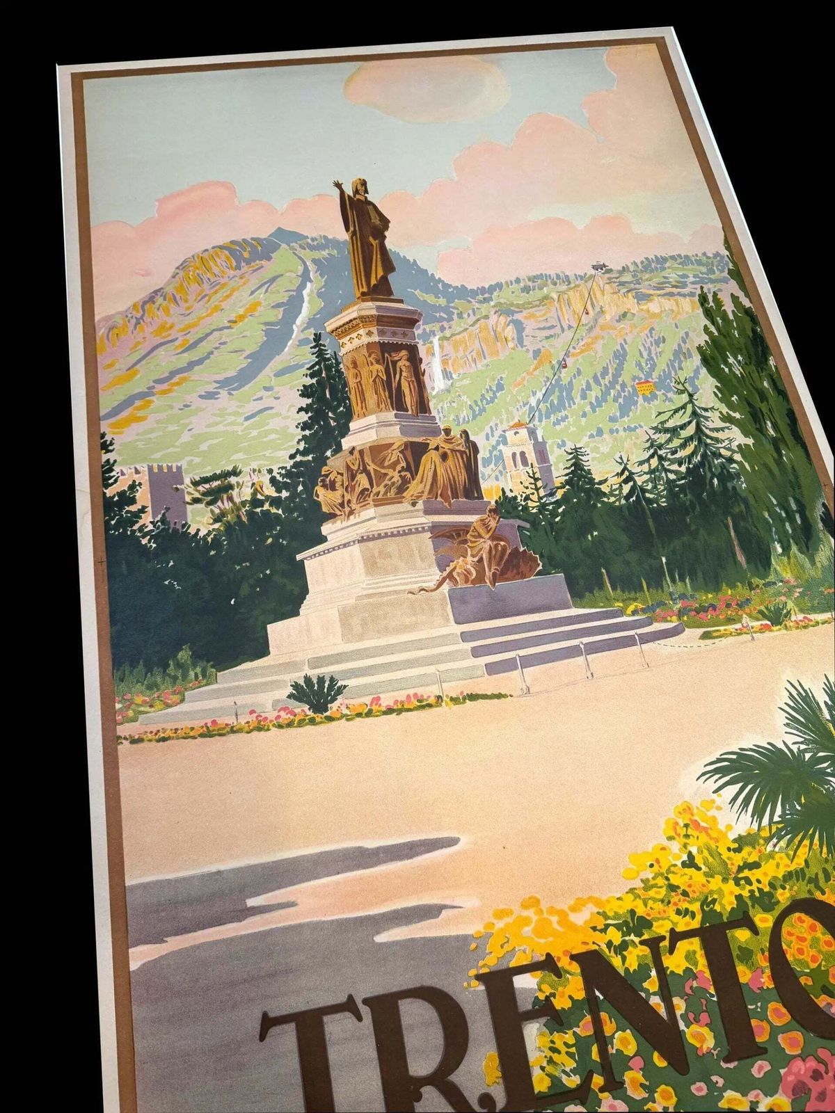 Vintage 1925 Trento Enit Italian Railway Stone Lithograph Poster photo furniture