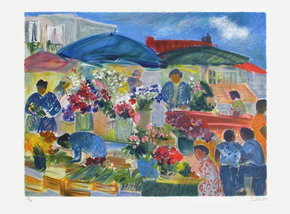 Nancy Delouis Gesigneerde Lithografie Scène De Marché 1990
