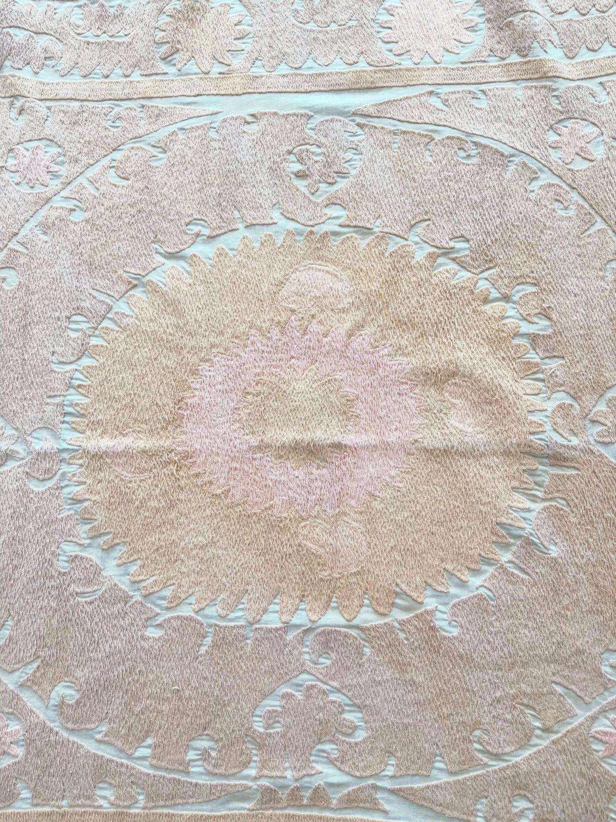 Suzani Embroidered Wall Hanging   Neutral Tan Uzbekistan Embroidery 132 X 138 Cm