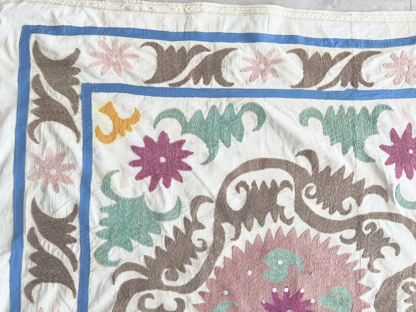 Hand Embroidered Neutral Tan Suzani Tapestry, 116 X 126 Cm photo Textiles
