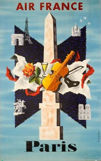 Original 1956 Air France Paris Vintage Travel Lithograph Poster Lancaster