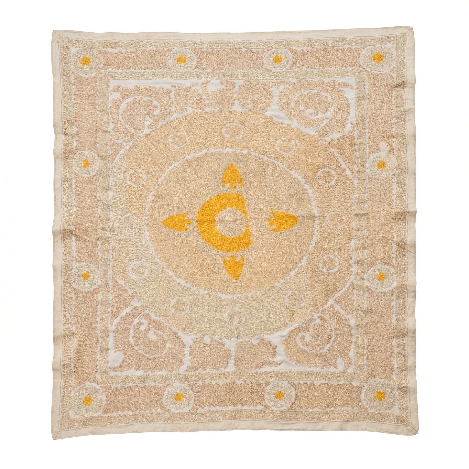 Suzani wandtapijt, neutraal beige Oezbeeks tafelkleed 123 x 147 cm