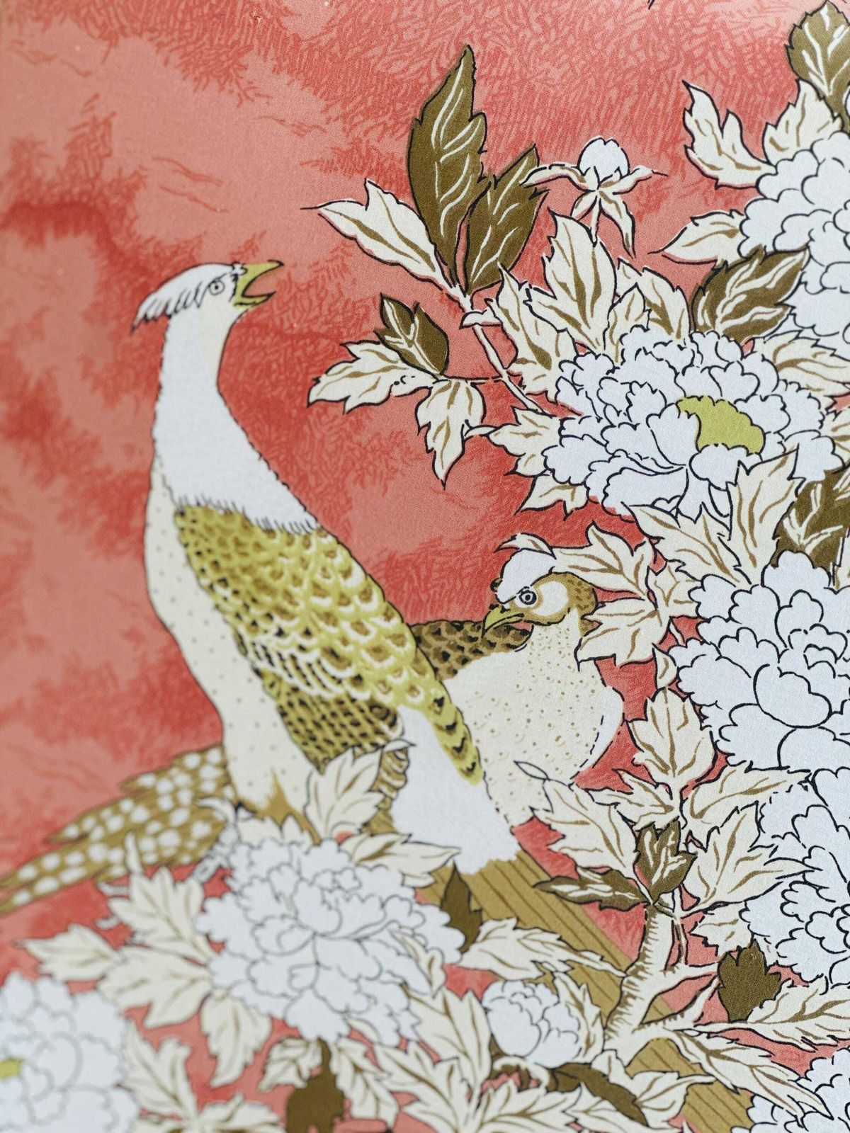 Exquisite Pair Of Upholstered Slipper Lounge Chairs Depicting Pheasants And Peonies , 1970s photo furniture