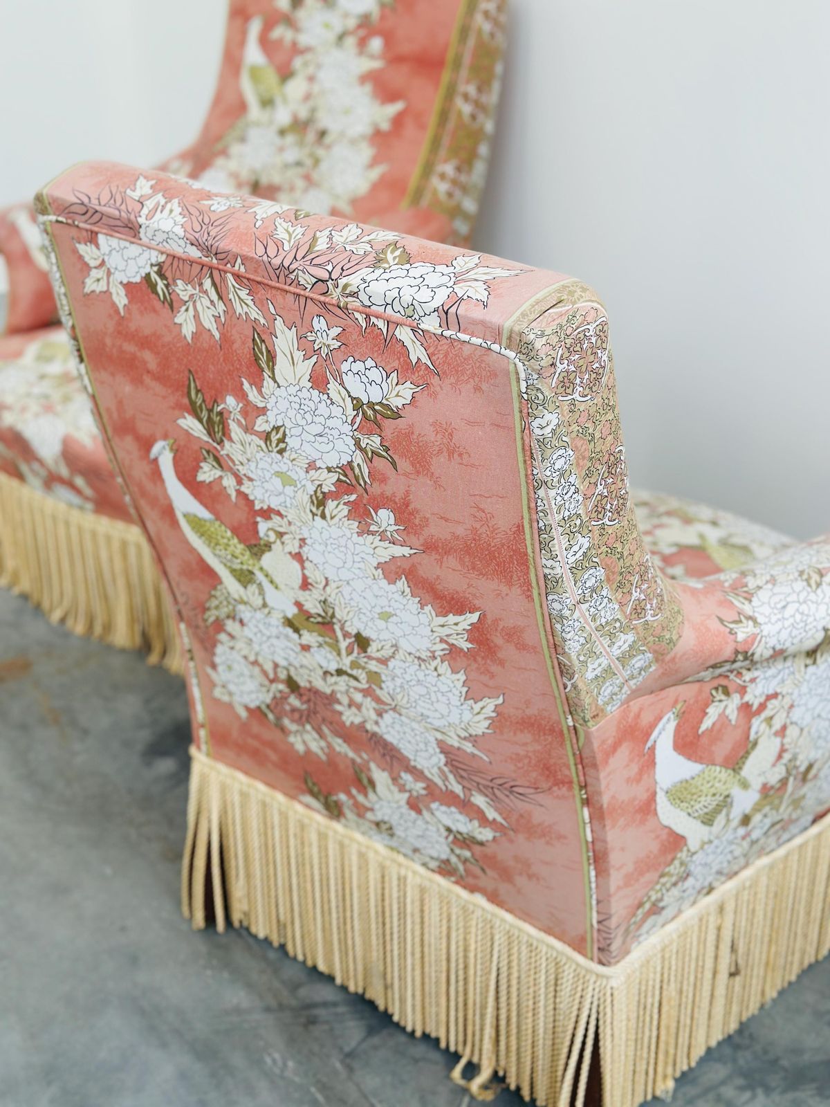 Exquisite Pair Of Upholstered Slipper Lounge Chairs Depicting Pheasants And Peonies , 1970s photo Furniture