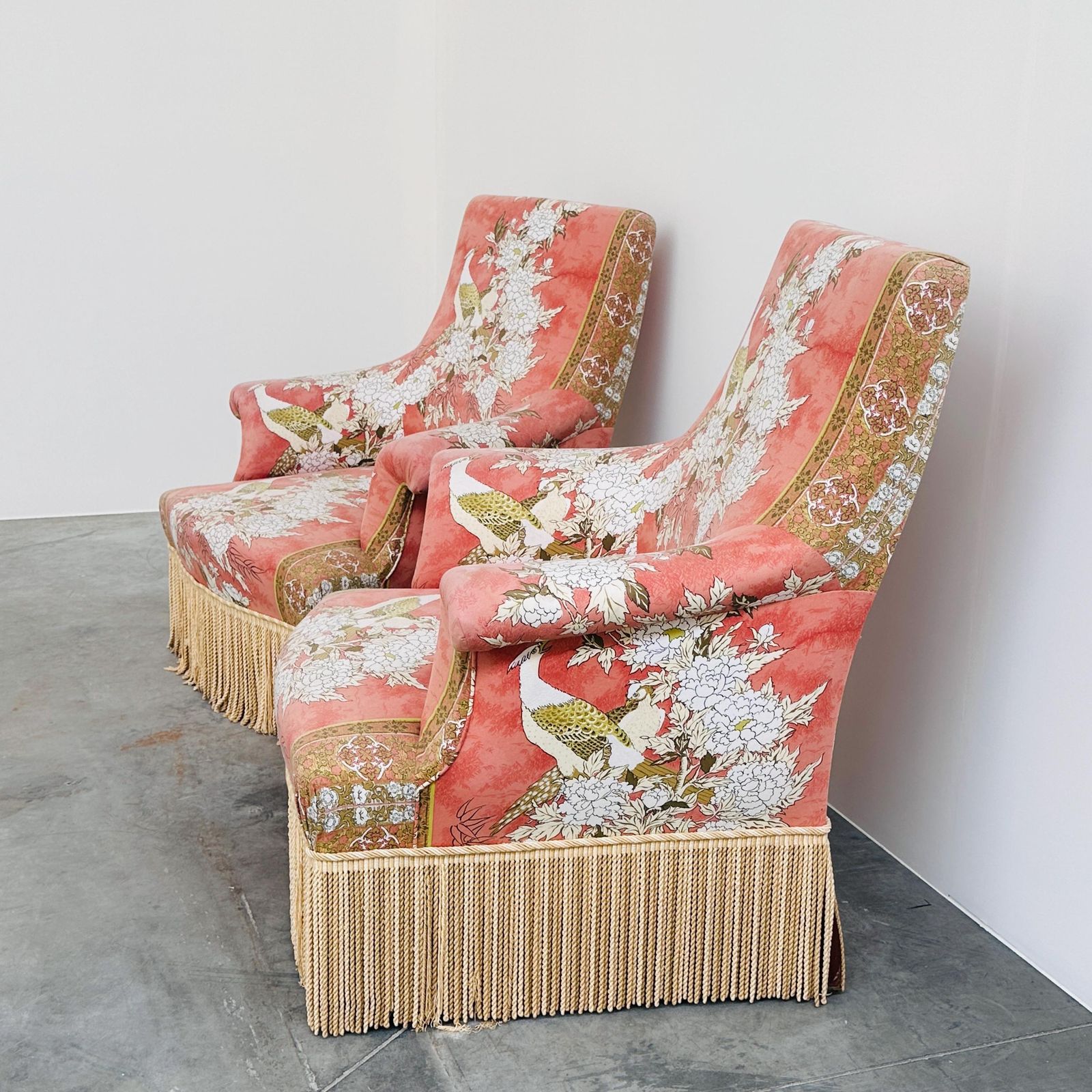 Exquisite Pair Of Upholstered Slipper Lounge Chairs Depicting Pheasants And Peonies , 1970s photo 1352.0