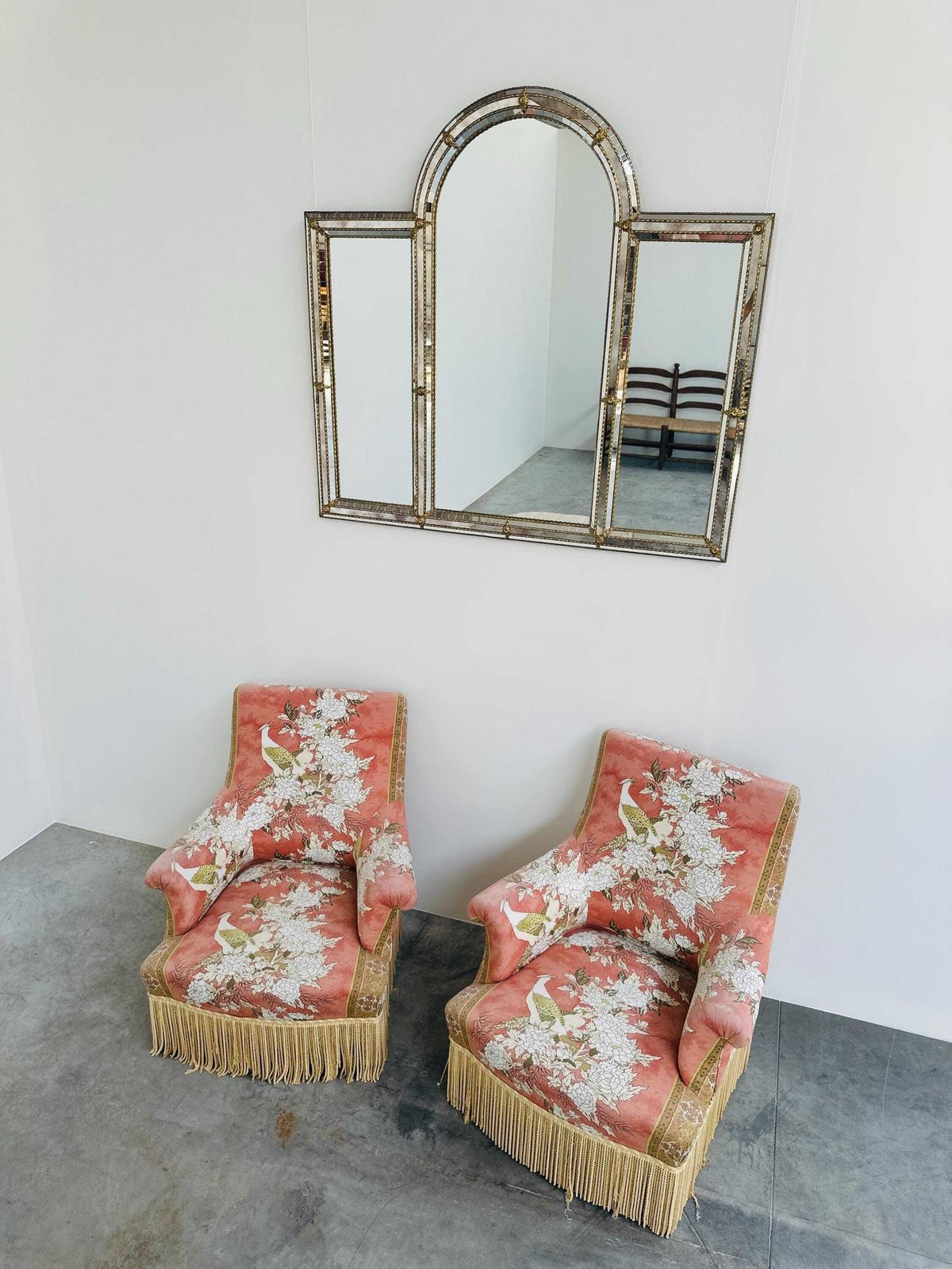 Exquisite Pair Of Upholstered Slipper Lounge Chairs Depicting Pheasants And Peonies , 1970s photo buy