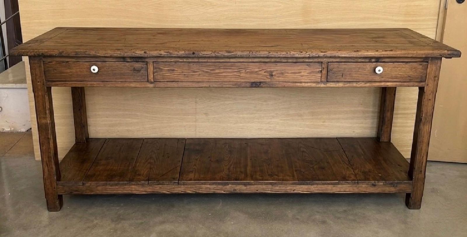 Large Walnut Wood Console Table With Two Drawers And Lower Shelf photo for sale