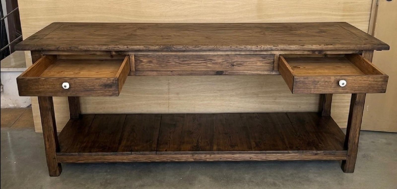 Large Walnut Wood Console Table With Two Drawers And Lower Shelf photo 5928.0