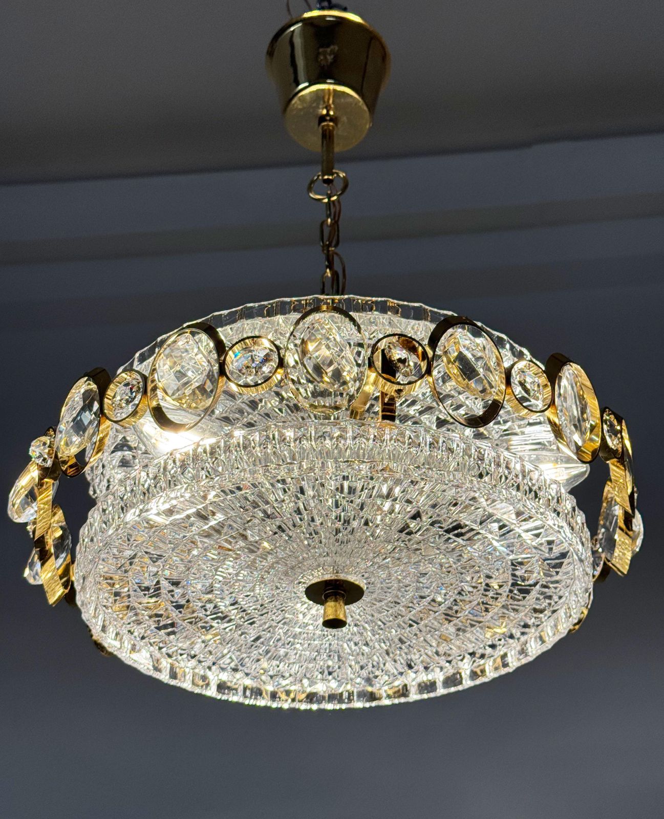 photo for sale Goldplated Brass And Glass Chandelier By Orrefors From The 1960s