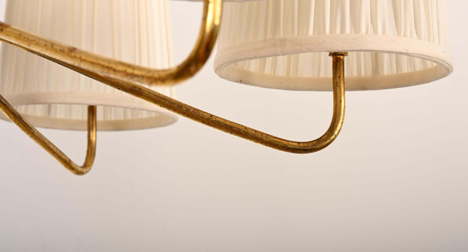 photo for sale Midcentury Brass Chandelier By Rupert Nikoll With Silk Shades