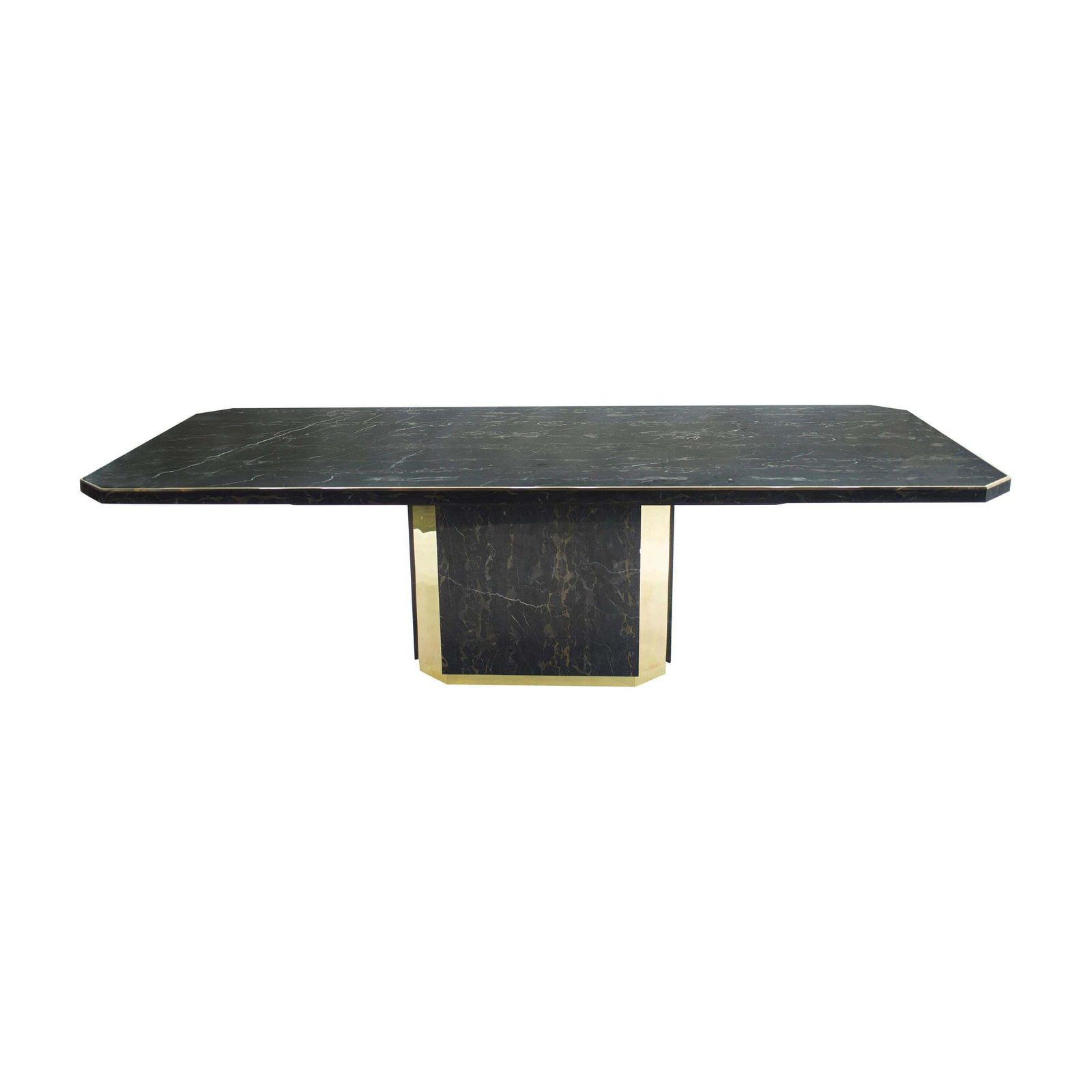 Table à manger J.C. Mahey pour Paco Rabanne en marbre Portoro noir et laiton, 1979