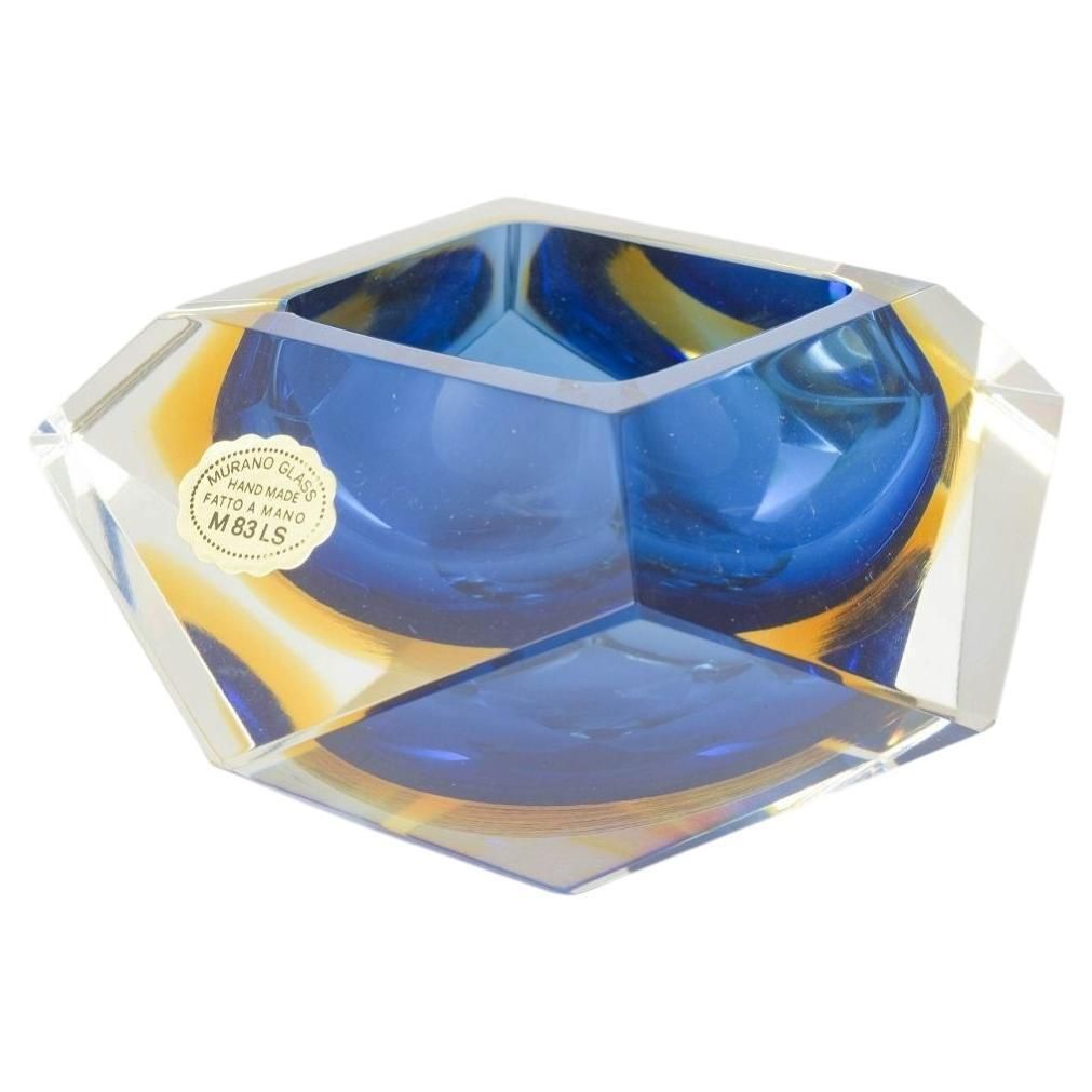 Murano. Faceted Art Glass Bowl In Blue And Golden Tones, 1970s.