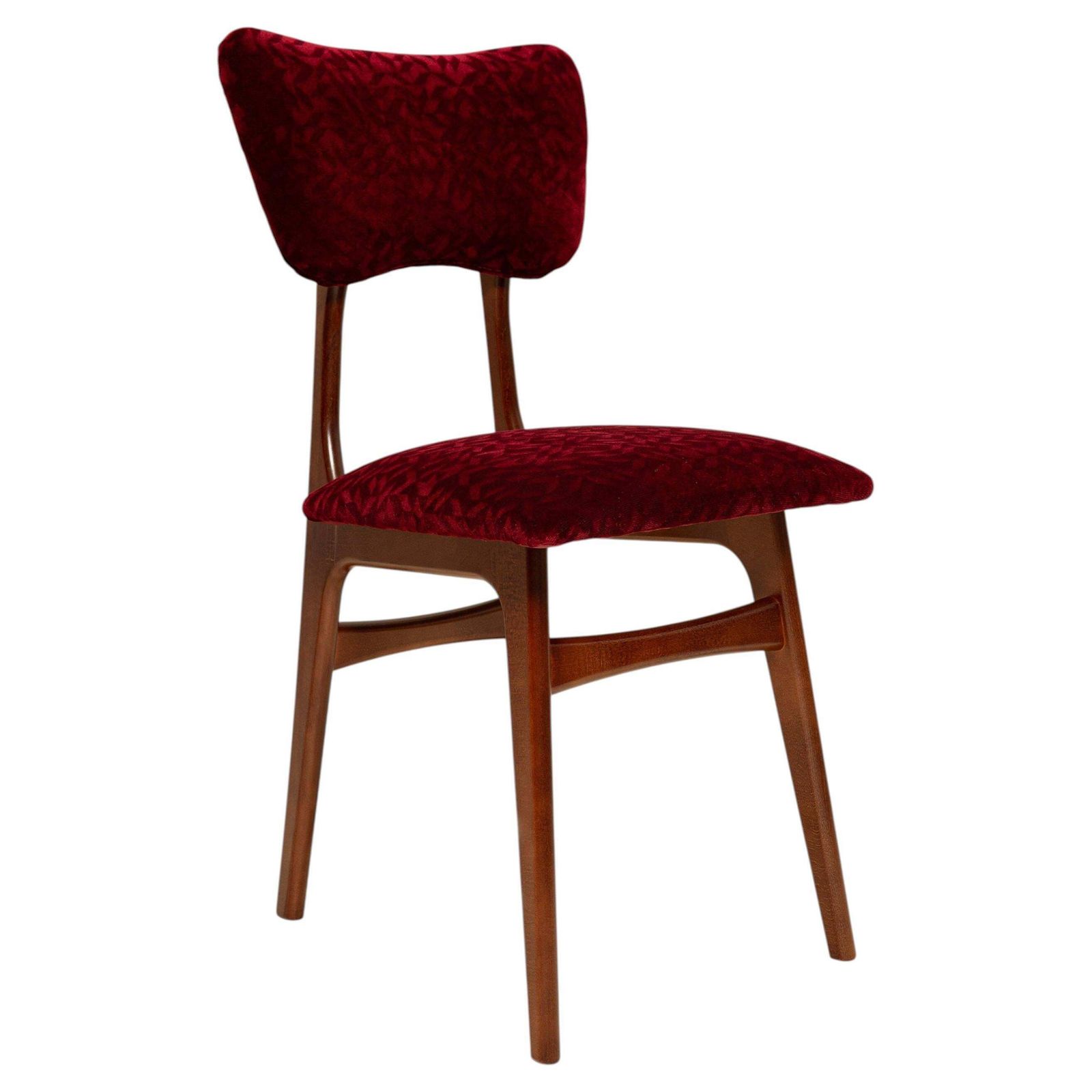 Mid-Century vlinderchair, bordeauxrood fluweel Bacara, Dedar, walnoothout, 1960