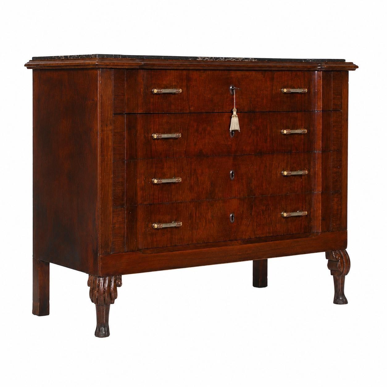 19e-eeuwse Italiaanse Venetiaanse Charles X mahonie commode met Portoro marmeren blad photo for sale