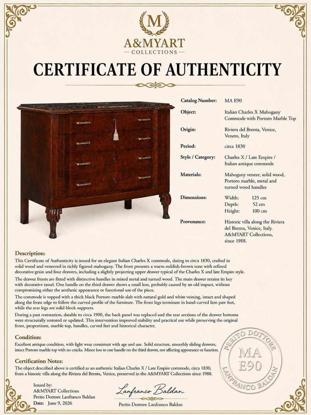 5251.0 19e-eeuwse Italiaanse Venetiaanse Charles X mahonie commode met Portoro marmeren blad photo