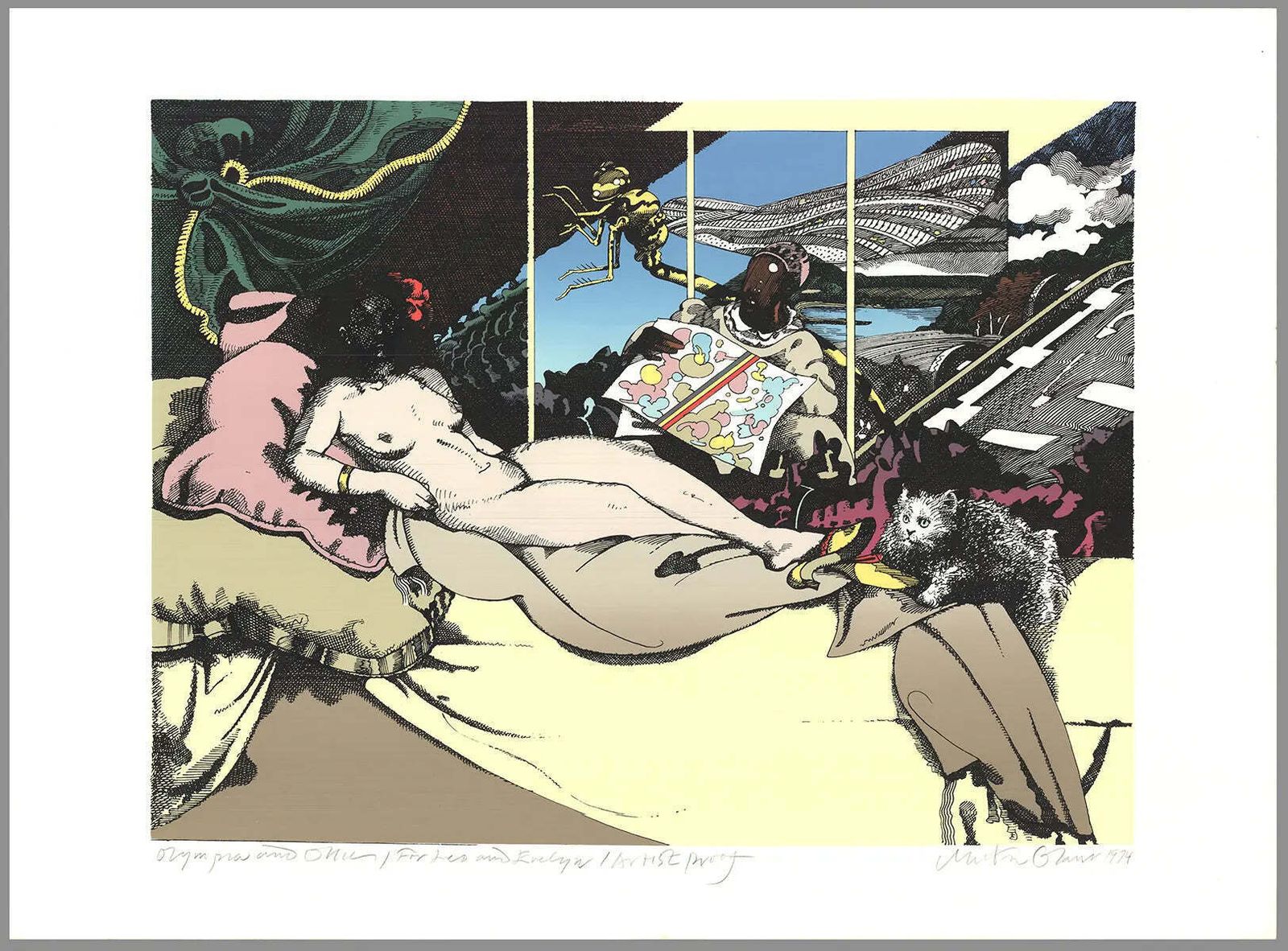 Lithographie Milton Glaser Olympia And Ollie 1974, épreuve d'artiste signée