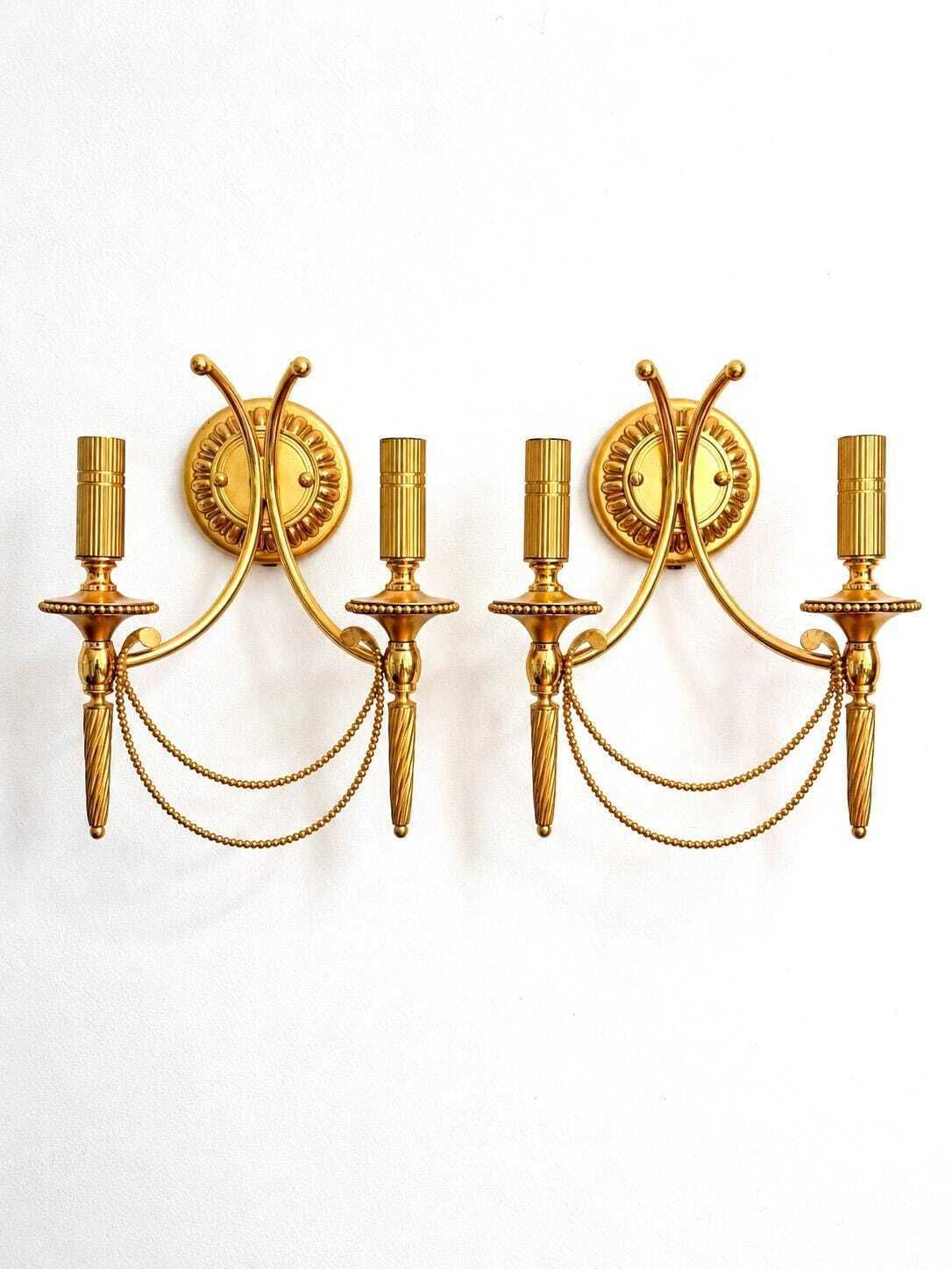 Vintage Pair Of Gaetano Sciolari Double Wall Sconces In Gilt Brass | Hollywood Regency, 1960/70s photo furniture