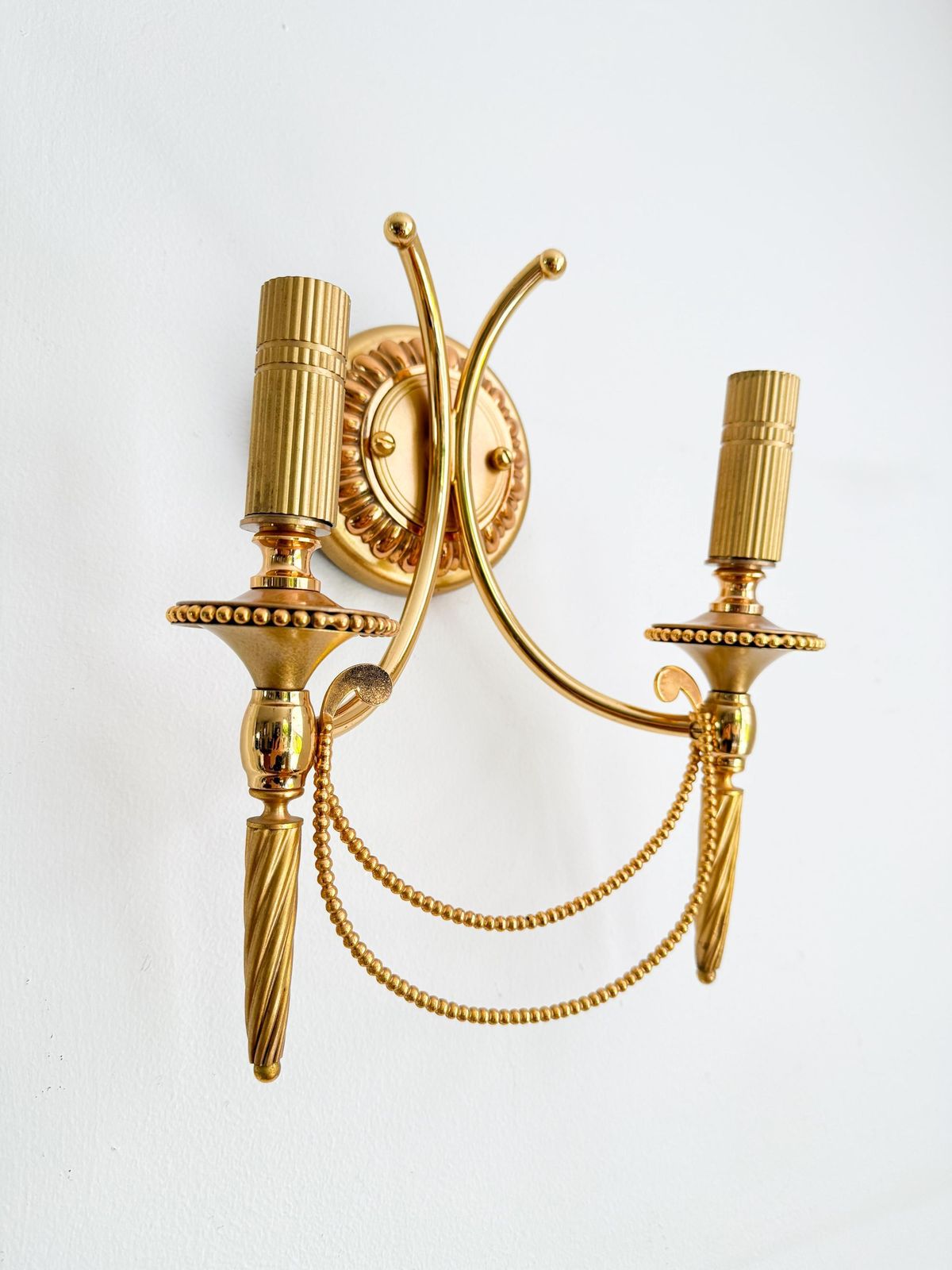 Lighting Vintage Pair Of Gaetano Sciolari Double Wall Sconces In Gilt Brass | Hollywood Regency, 1960/70s photo