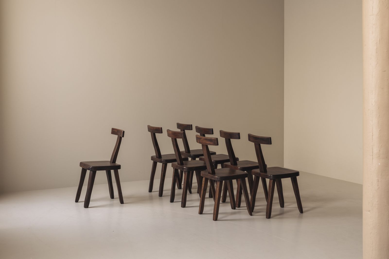 Large Set Of 8 Brutalist Wooden T Chairs By Aranjou, France 1960s. photo for sale