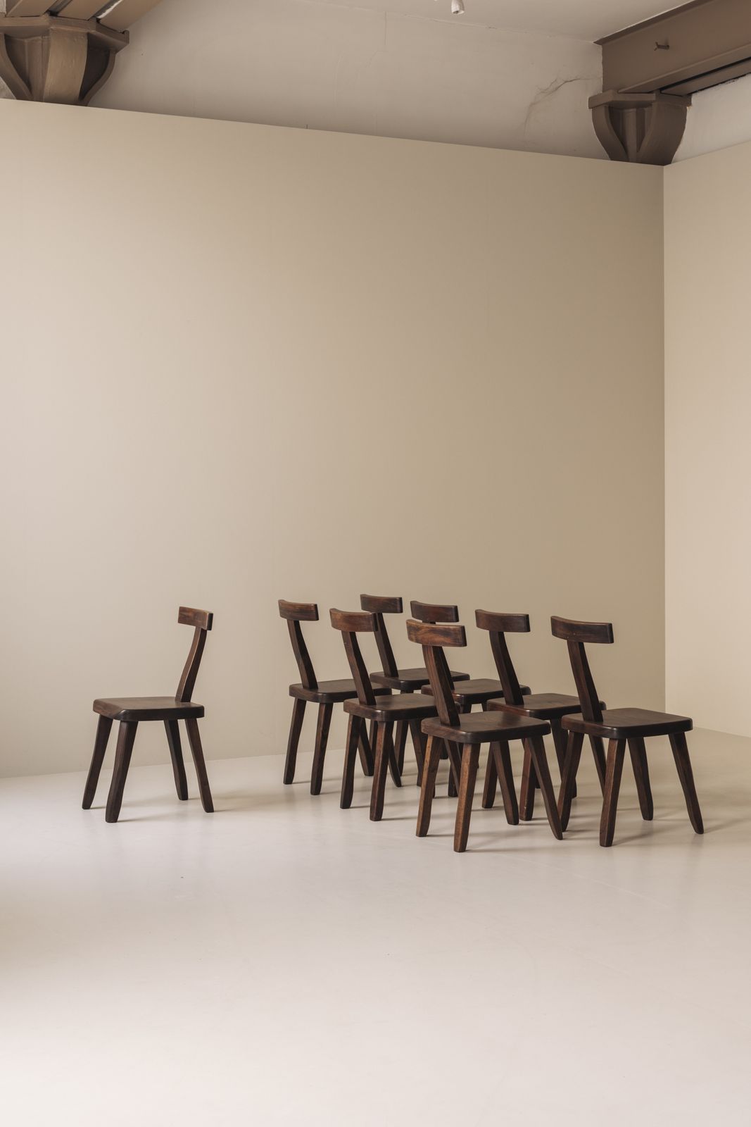 Large Set Of 8 Brutalist Wooden T Chairs By Aranjou, France 1960s. photo Furniture