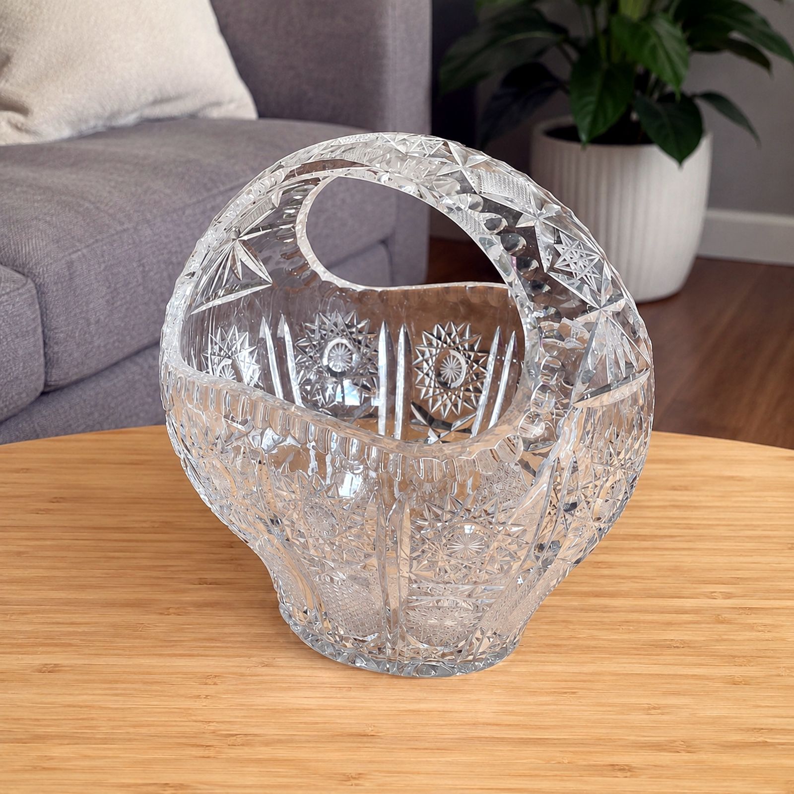 Large Heavy Vintage Cut Glass Crystal Basket photo Home Decor