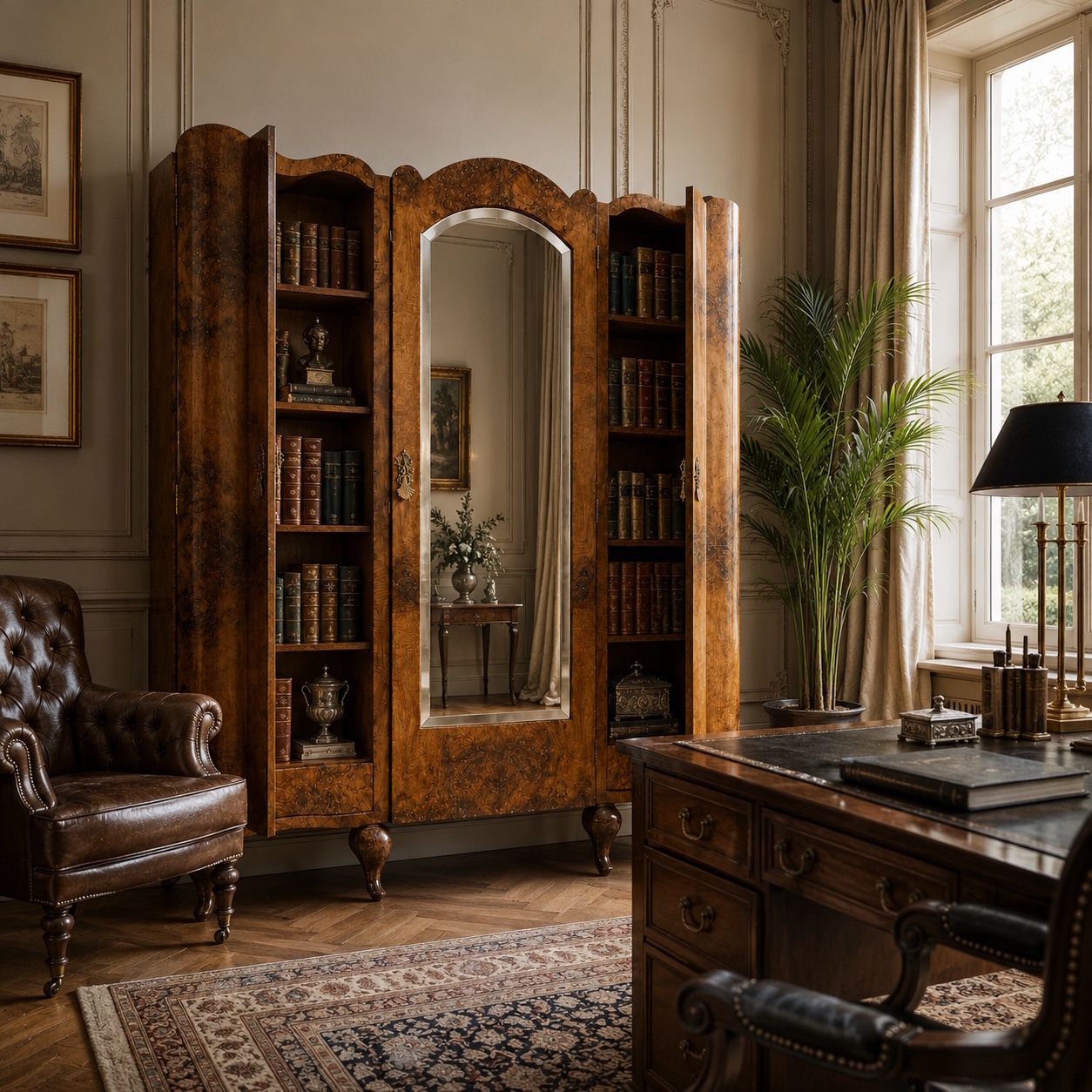 Italiaanse Barok Revival Kledingkast/Boekenkast in Walnoot en Wortelnoot door Palazzi Dell'arte Cantù, Mogelijk Toegeschreven aan Mario Asnago photo buy