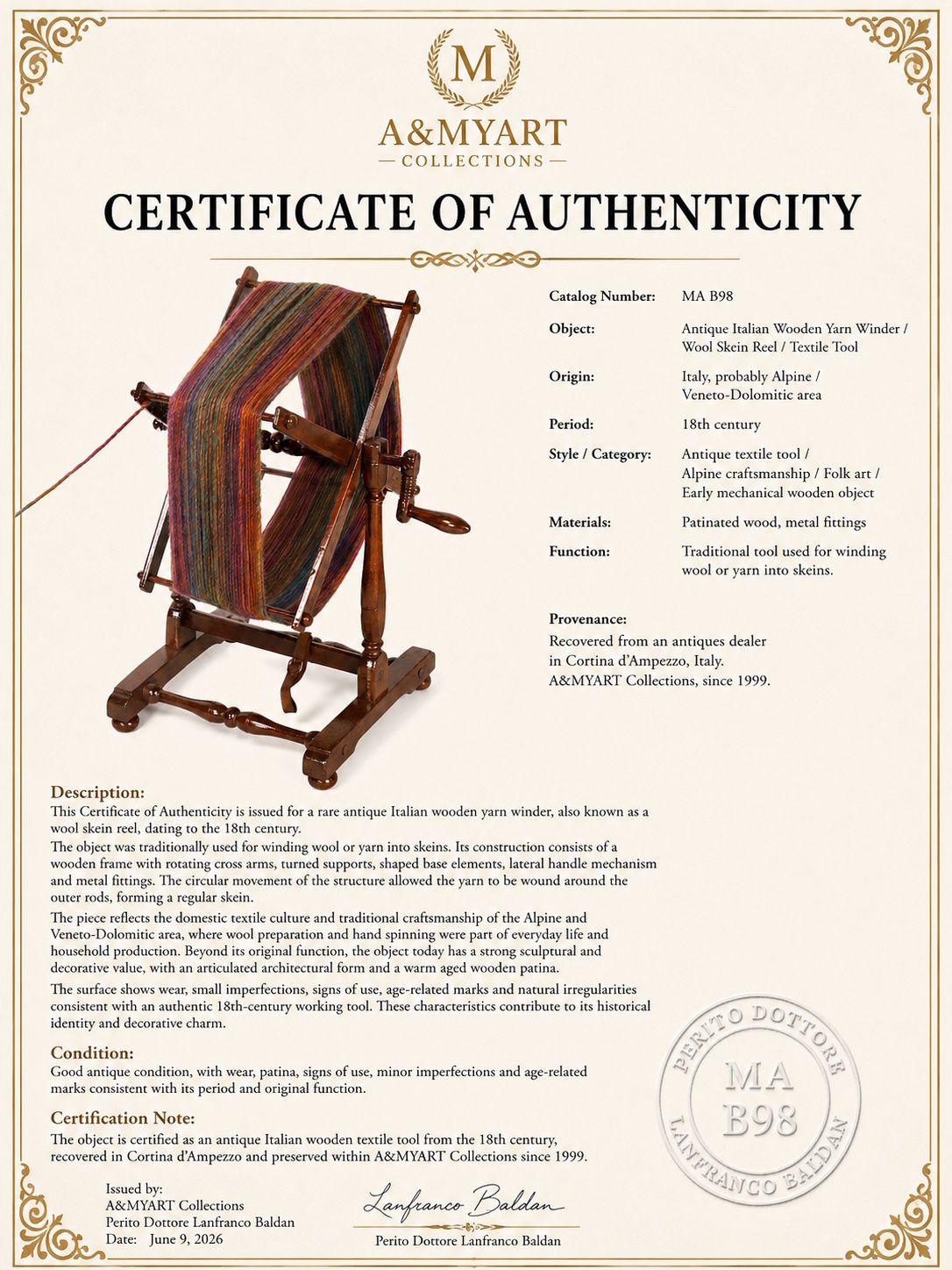 18e-eeuwse Italiaanse houten garenwinder / wolskeinhaspel uit Cortina, A&Myart Collections photo for sale