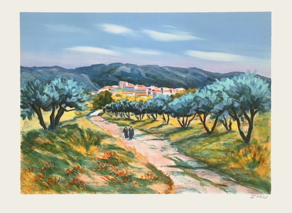 Lithographie signée Zarou Dimanche à Villecroze 1990
