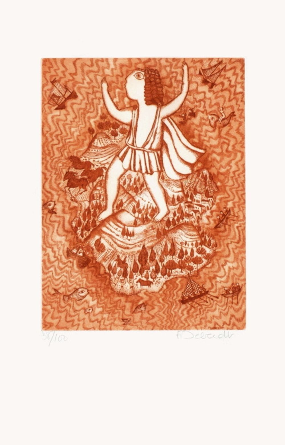 Françoise Deberdt gesigneerde ets Les 7 Merveilles Du Monde Colosse De Rhodes 1975