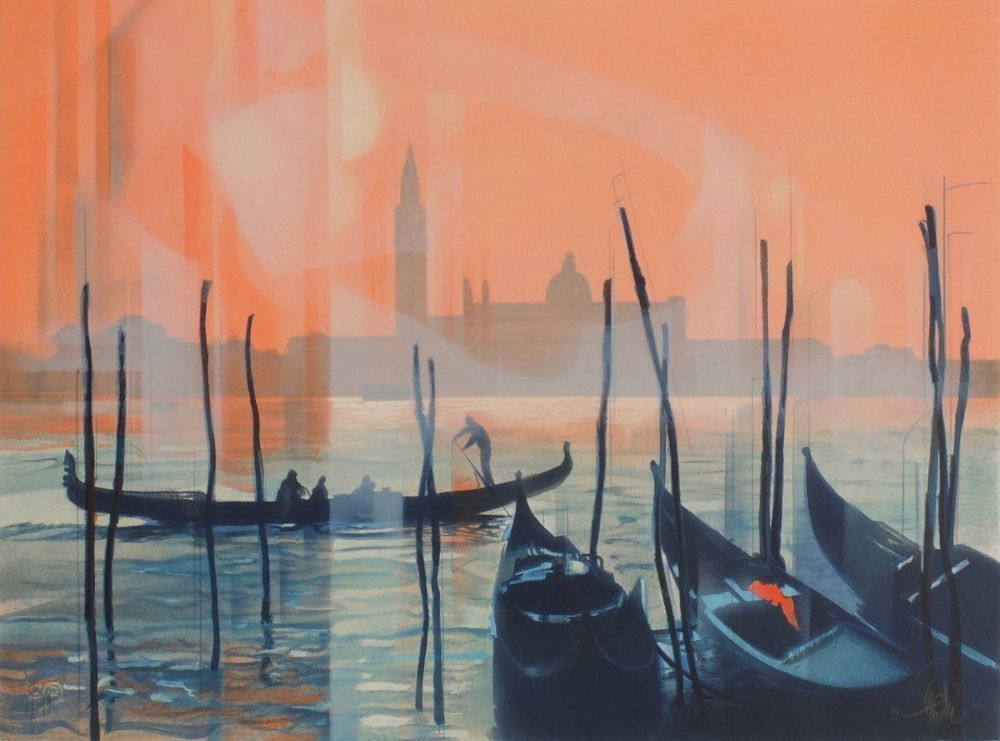 Lithographie signée Jean Baptiste Valadié, Ciel De Nacre Sur La Lagune, 1990