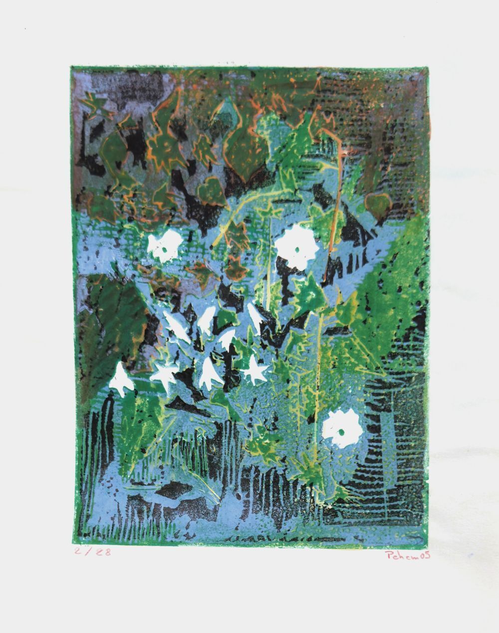 Monique Pehem (Breton Prouté) Gesigneerde Linosnede Petites Fleurs Blanches 2005