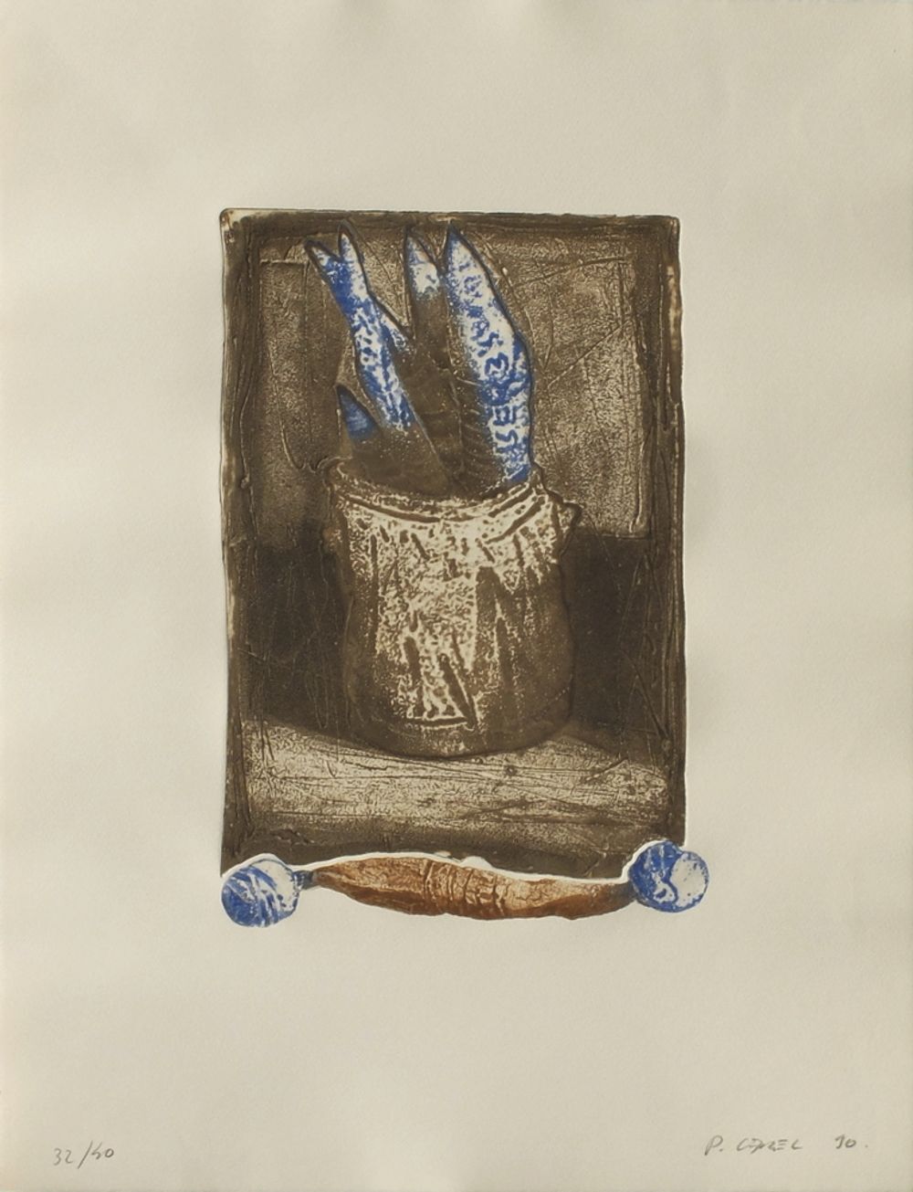Eau-forte au carborundum signée Philippe Garel, Gobelet, 1990