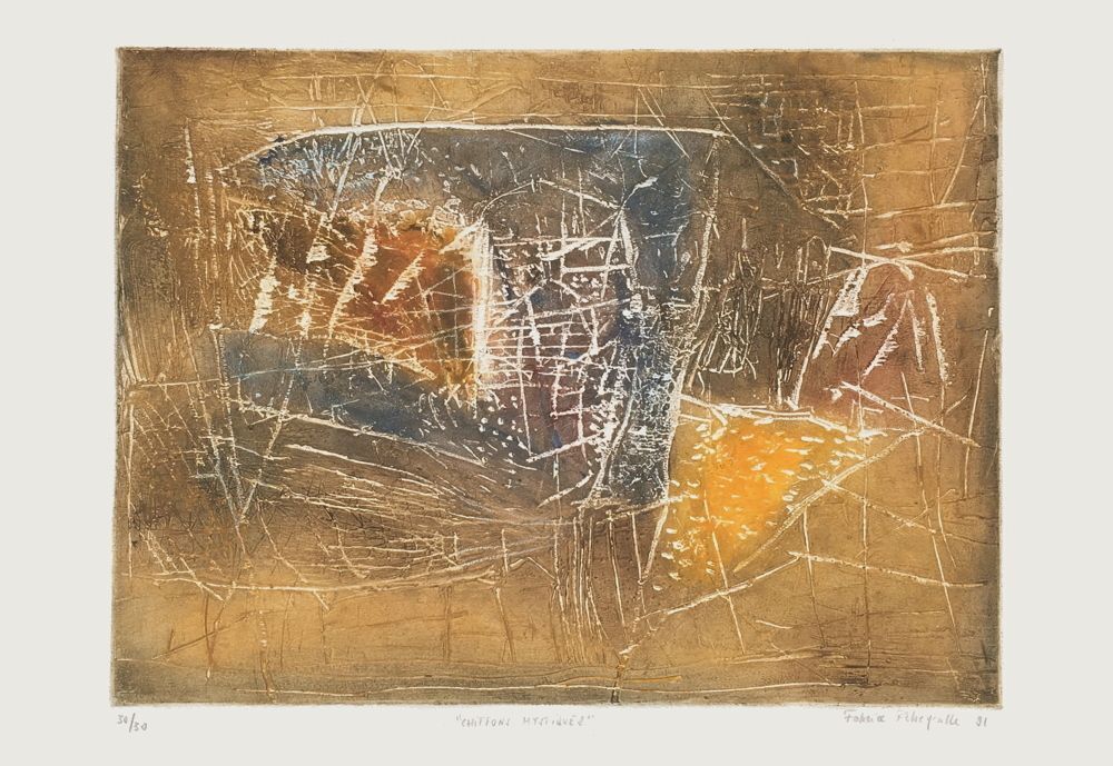 Eau-forte au carborundum signée Fabrice Rebeyrolle, Chiffons mystiques, 1991