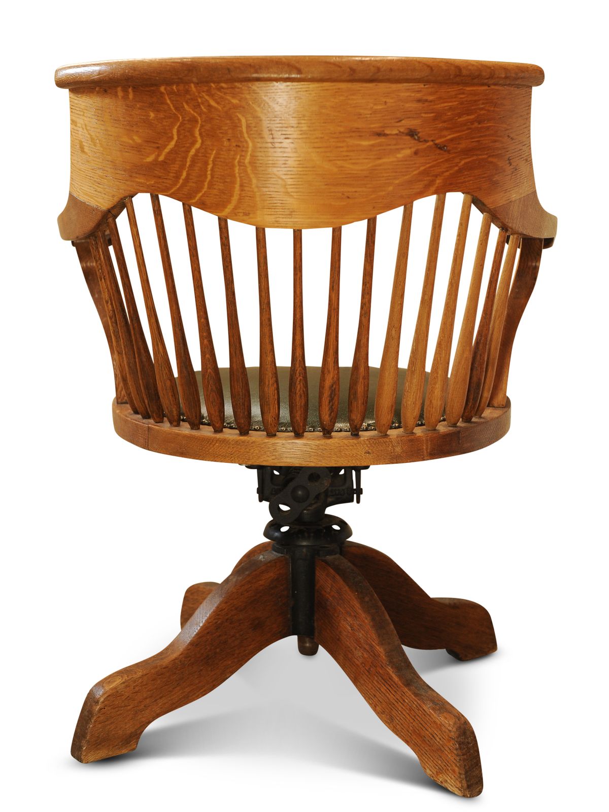 Victorian Oak Revolving Spindleback Desk Chair With Racing Green Leather Seat photo for sale