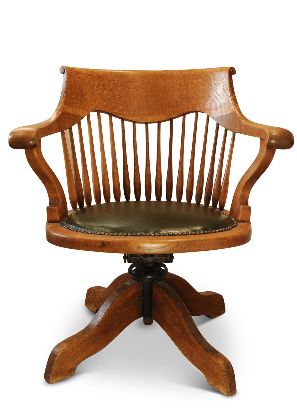 Victorian Oak Revolving Spindleback Desk Chair With Racing Green Leather Seat photo vintage