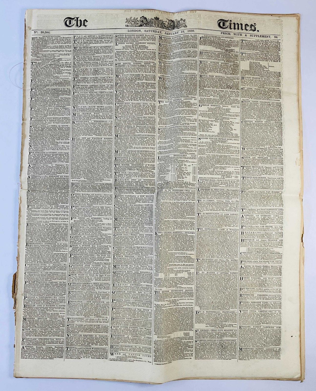 Original 1850 Edition Sof 'The Times' Newspaper – Two Issue Bound Set With Complete Supplements photo for sale