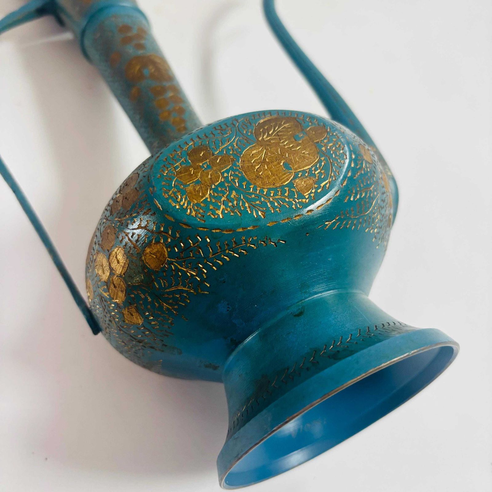 Vintage Indische geëmailleerde messing Aftaba-ewer uit de jaren 1960, teal en goud photo 82.0