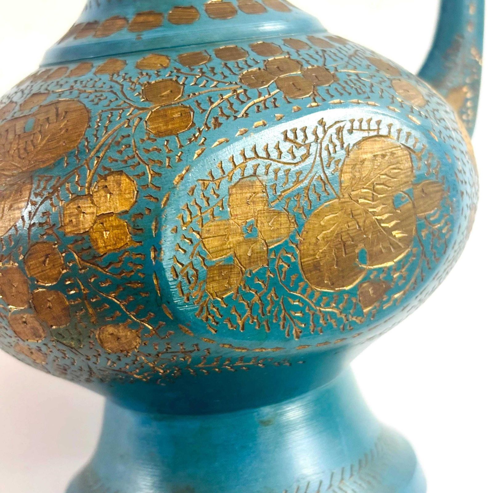 photo vinterior Vintage Indische geëmailleerde messing Aftaba-ewer uit de jaren 1960, teal en goud