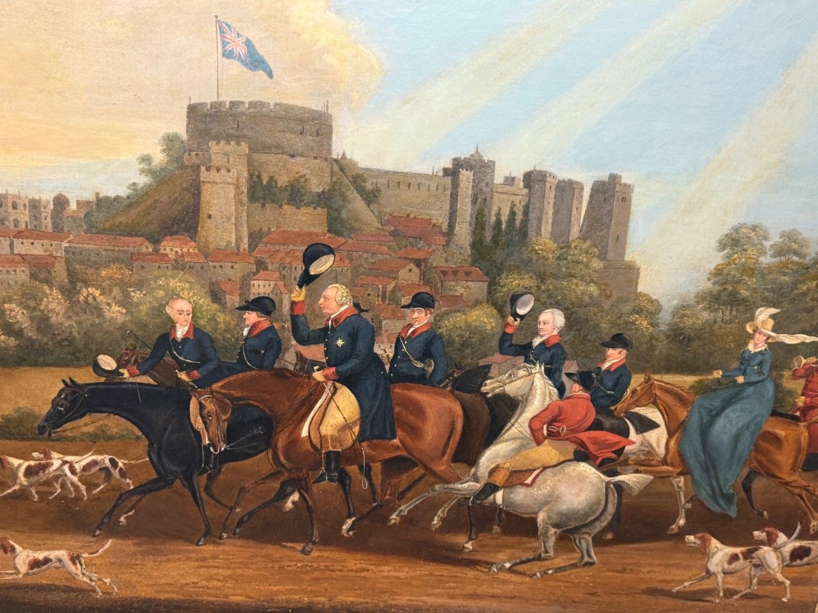 Groot schilderij, 19e eeuw, olieverf, Koning George III terugkerend van de jacht, Windsor Castle op de achtergrond, naar James Pollard photo for sale