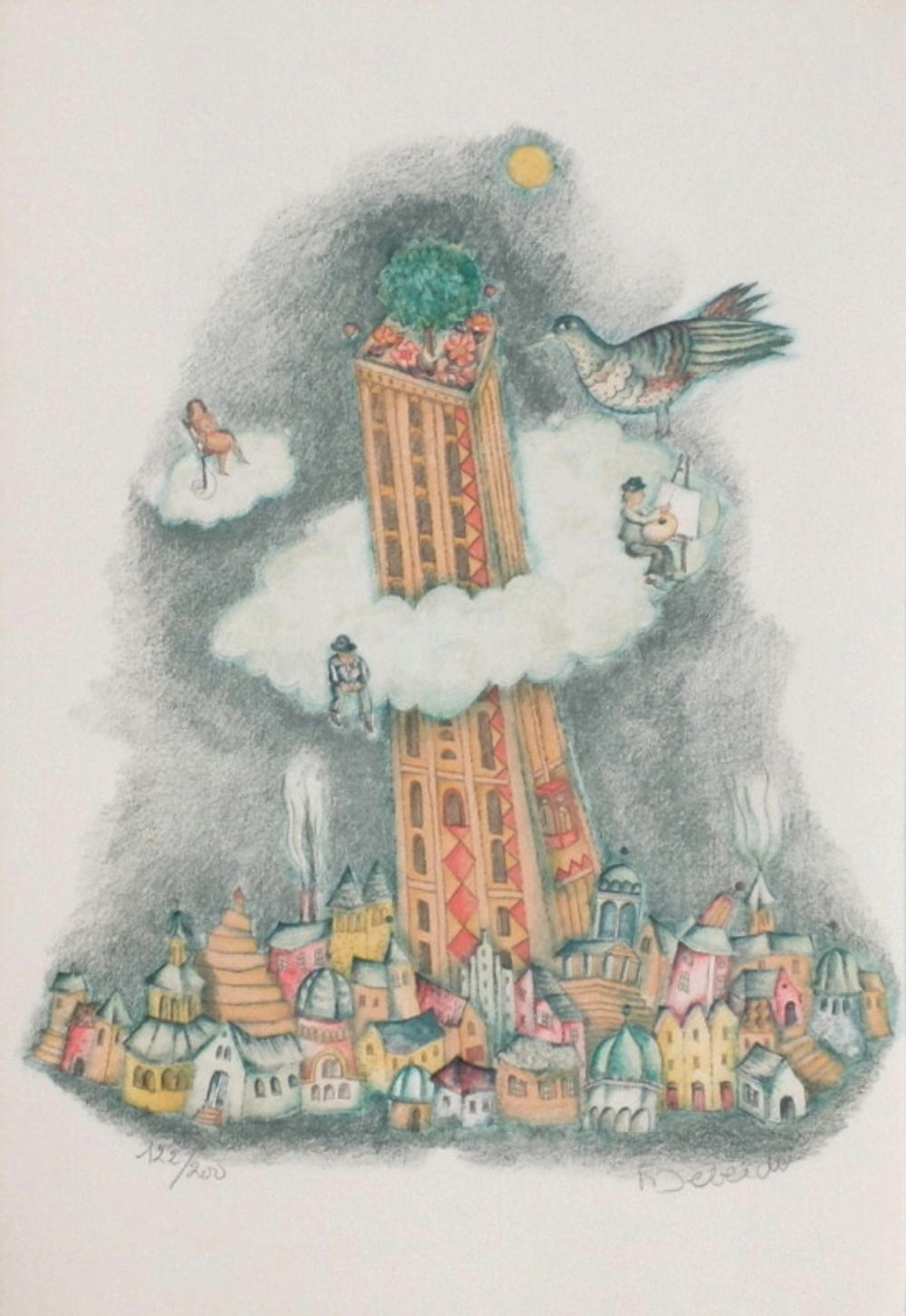Lithographie signée Françoise Deberdt, La Tour Dans Les Nuages, 1985
