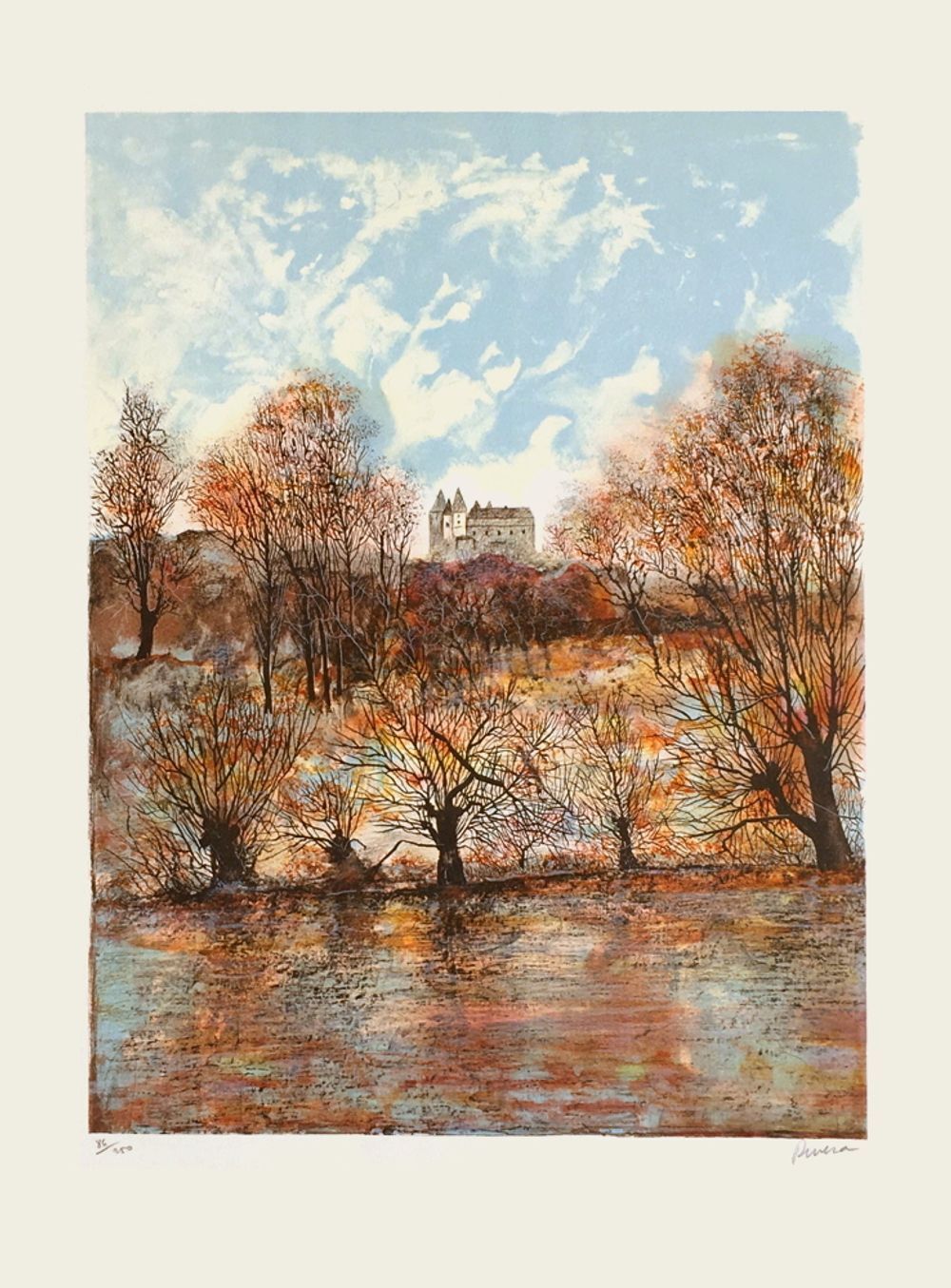 Lithographie signée Antonio Rivera, Château de Saumur, 1990