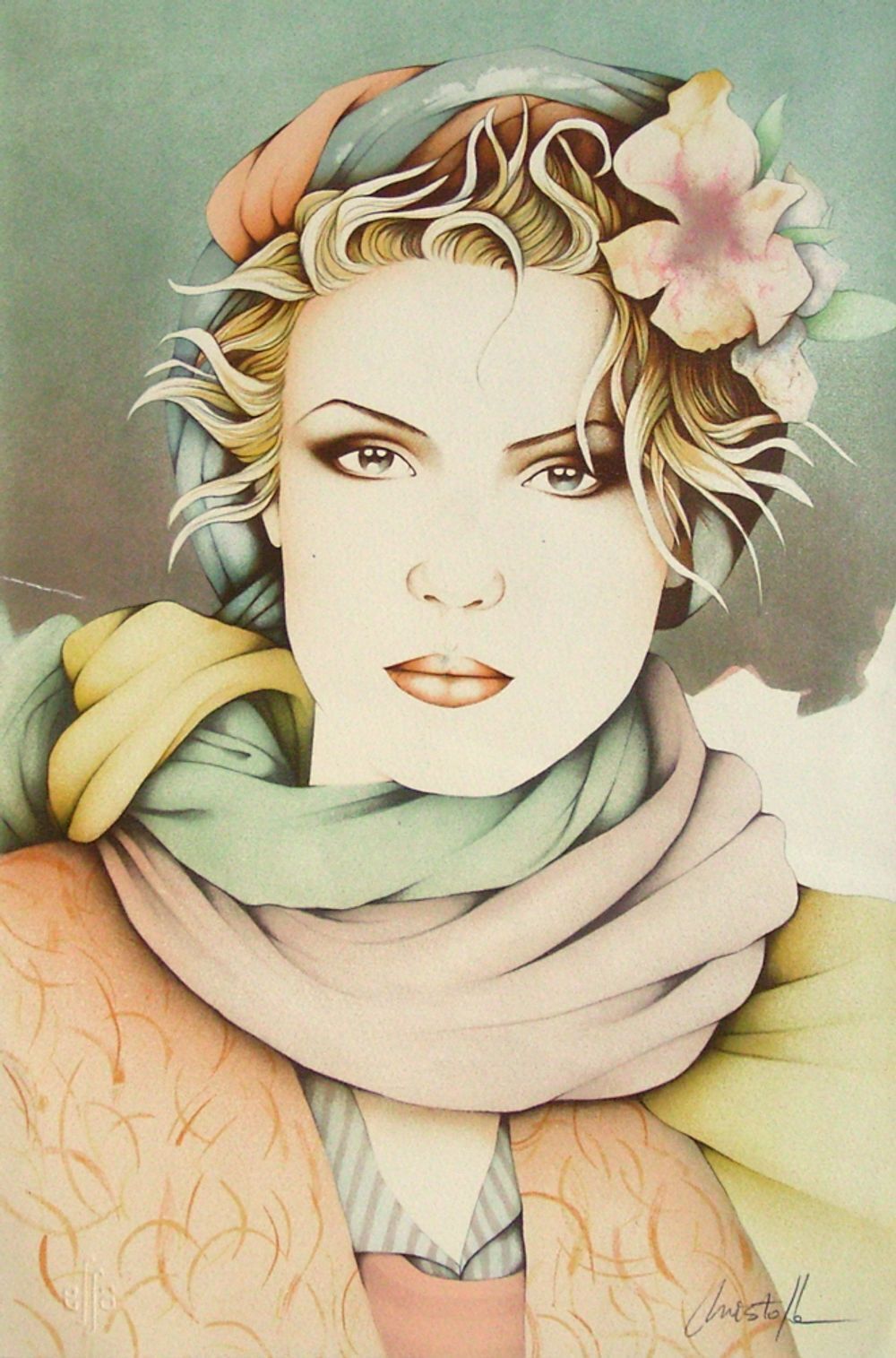 Christophe Gesigneerde Lithografie Femme à L'écharpe 1985