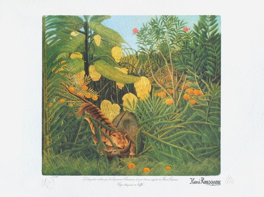 Le Douanier Rousseau Lithografie Tigre Attaquant Un Buffle 1990
