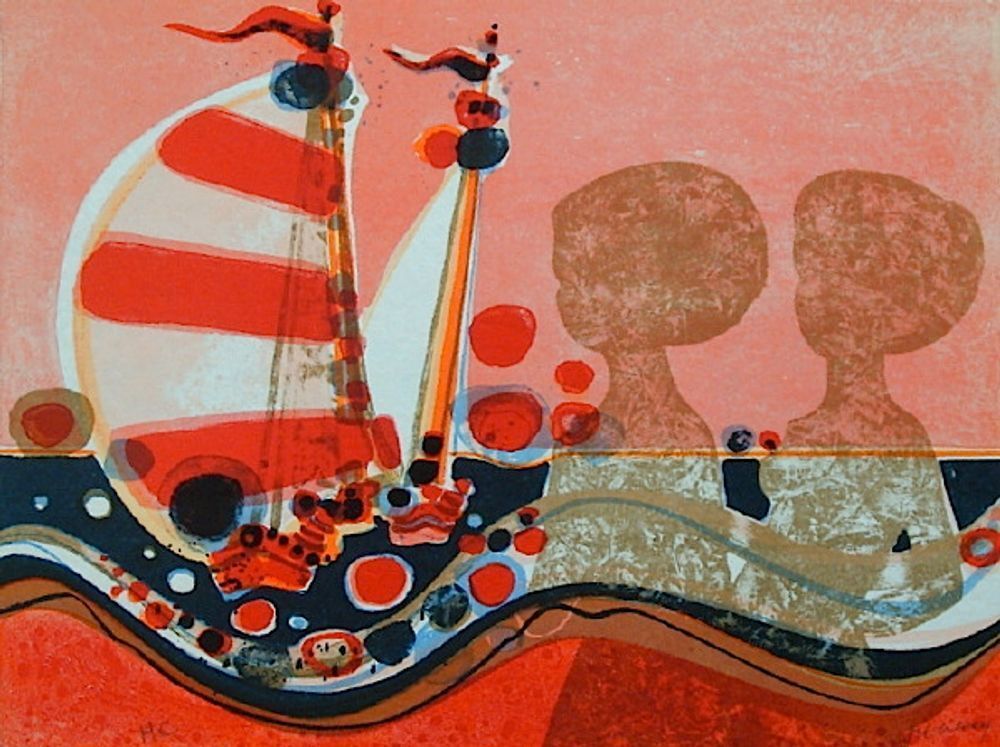 Frédéric Menguy Gesigneerde Lithografie 1975   Les Angéliques   Ombres Au Voilier