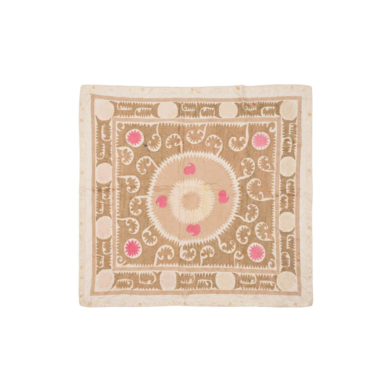 Suzani Tribal Textile — Neutral Tan Uzbek Tablecloth 138 X 140 Cm
